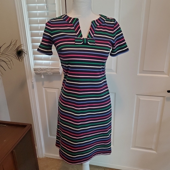 Talbots dress Womens P XS Stripes Colorful Blue Bow Neck Stretchy Shift - Picture 1 of 13